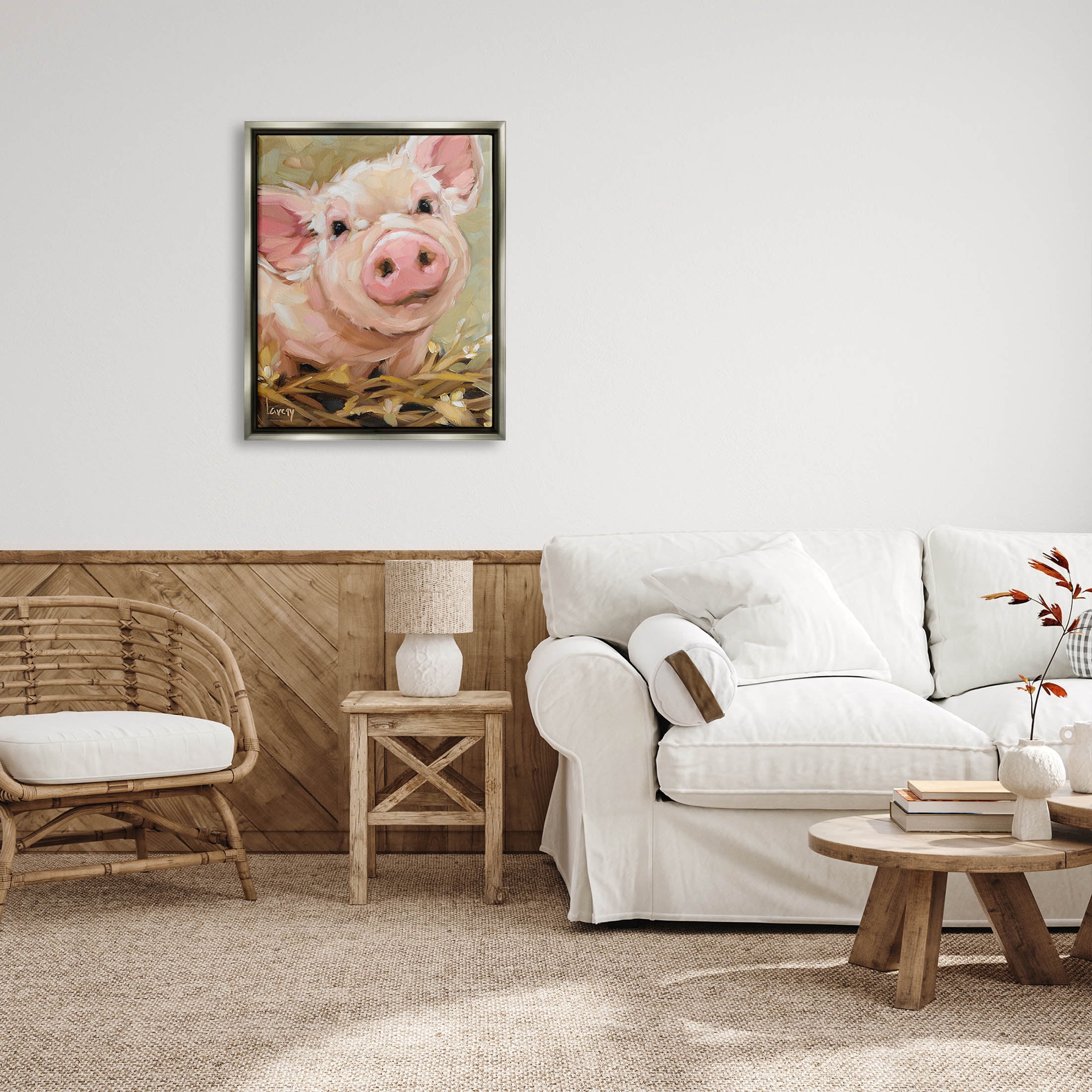 Happy Pig Farm Animal Portrait Animals & Insects Painting Luster Gray Framed Art Print Wall Art