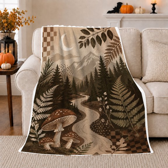 Winding Woodland River With decorative motif And Ferns, Soft Flannel Blanket with Earthy Woodland Collage Print, Housewarming Gift and Home Decor for Bedroom and Living Room