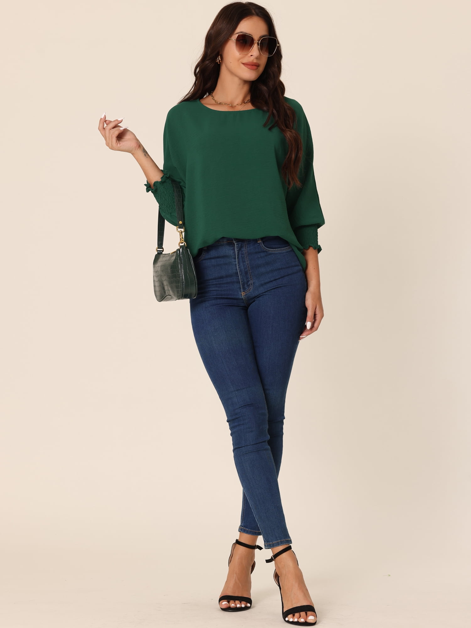 Unique Bargains Women's Casual 3/4 Sleeve Dolman Tops Crew Neck Shirts