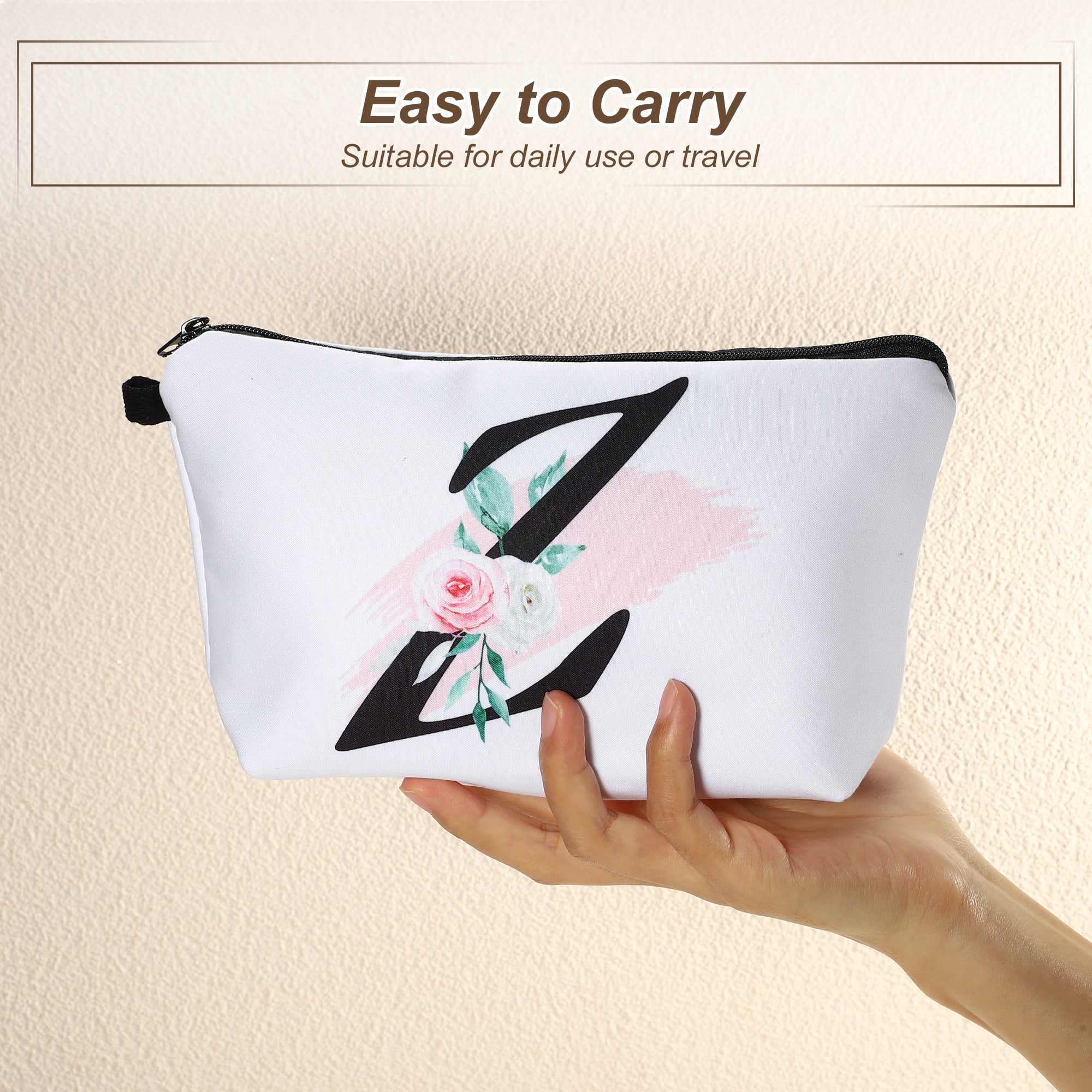 Unique Bargains Personalized Makeup Bag Z Letter Purse Small Cosmetic Bag Zipper Monogrammed Makeup Bag Pouch White