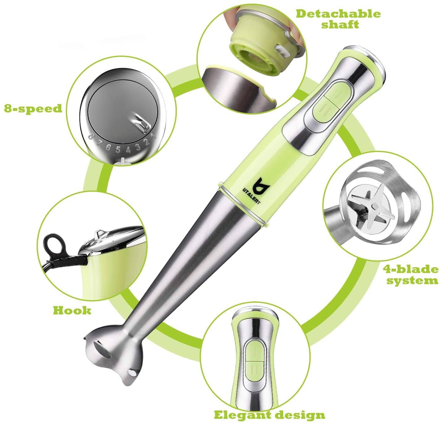 Immersion Hand Blender UTALENT 5-in-1 8-Speed Stick Blender without the CUP