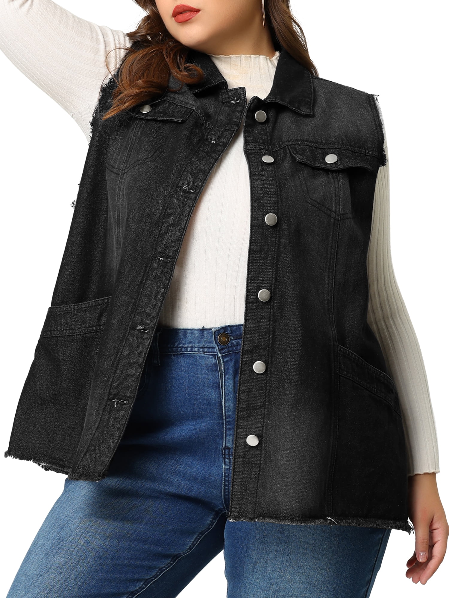 Plus Size Vest Frayed Hem with Cargo Pocket Trucker Denim, Black / 4XL