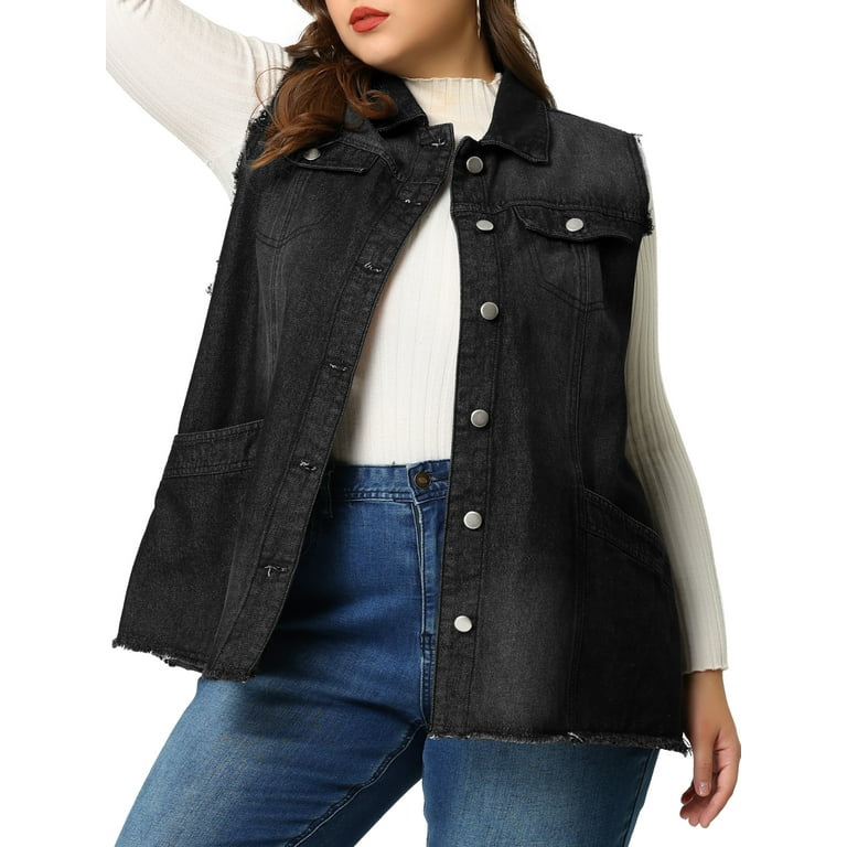 GRACE GRANDEUR Women s Plus Size Fashion Vest Raw Hem Sleeveless Denim Jacket 1X Black