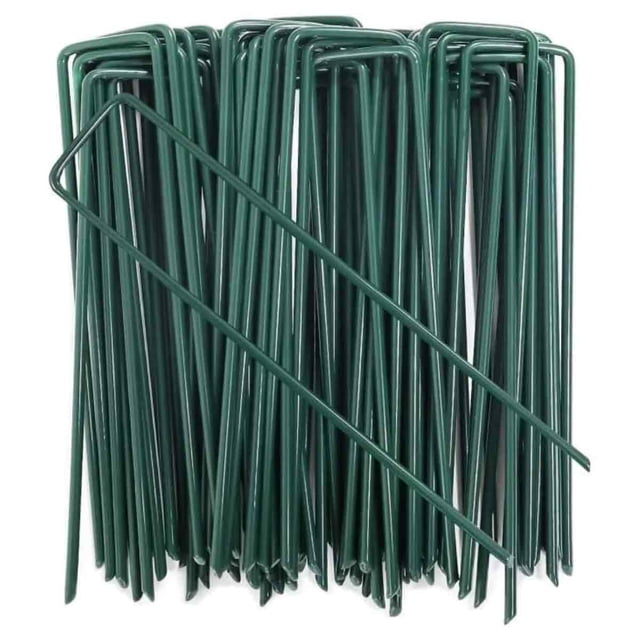 100 estacas de jardín en forma de U de acero galvanizado, 150x25 mm, Ø 3 mm, color verde - Anclajes para tela de paisajismo