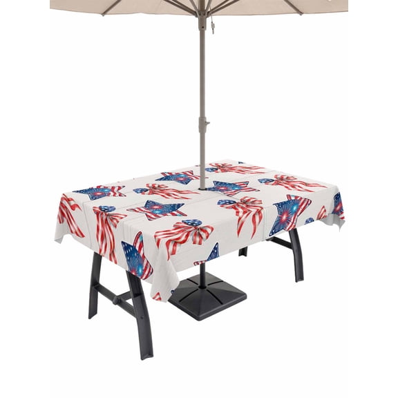 Outdoor Tablecloth with Umbrella Hole for Patio/Picnic/Party/Camping, 250th Anniversary Waterproof Table Cloth Rectangle Table Cover Washable, 4th of July Blue Red Stars Bow Gray Wood (60"x 120")