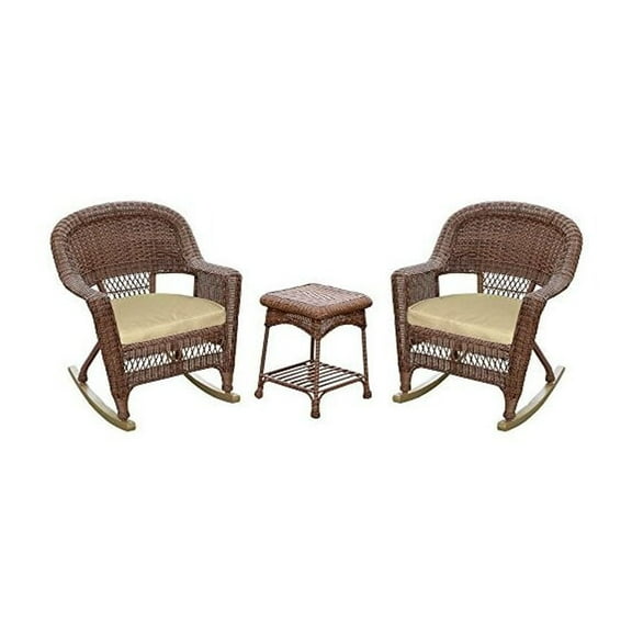 Jeco 3pc Wicker Rocker Chair Set in Honey with Tan Cushion