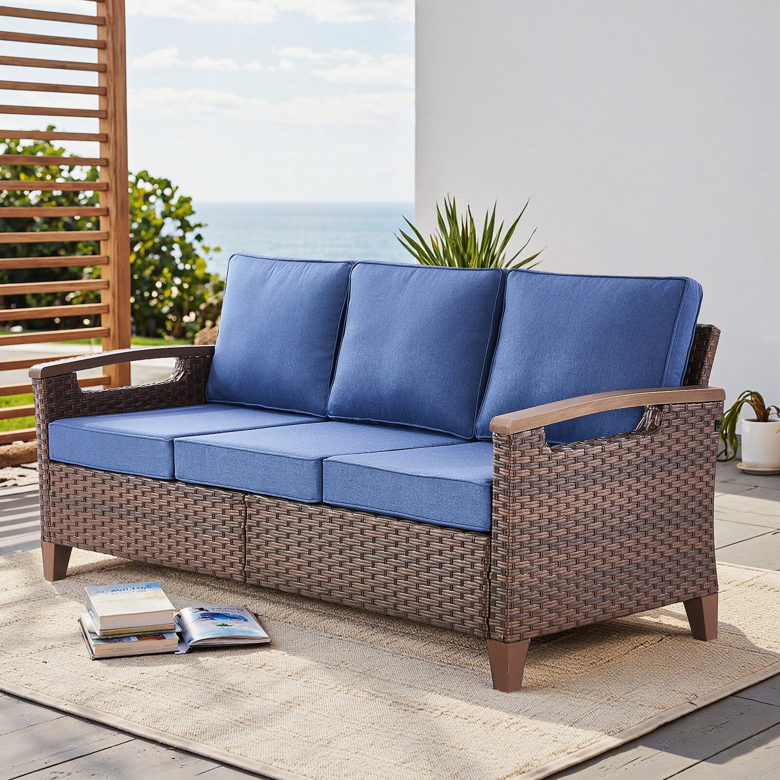 Bellefurn Wicker Patio Sofa Outdoor Couch,Patio 3 Seater Sofa Outdoor Rattan Furniture Sofa with Non-Slip Thick Cushions for Outdoor,Garden,Lawn,Backyard