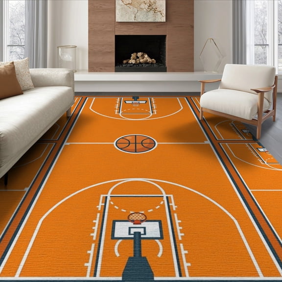 ODIKA 8'x10' Washable Area Rug Blanket Interlocking Lines Markings Football Round Basketball Refined Structured for King Size Bedroom Under Bed, Master Suite, Non-Shedding, Easy Care