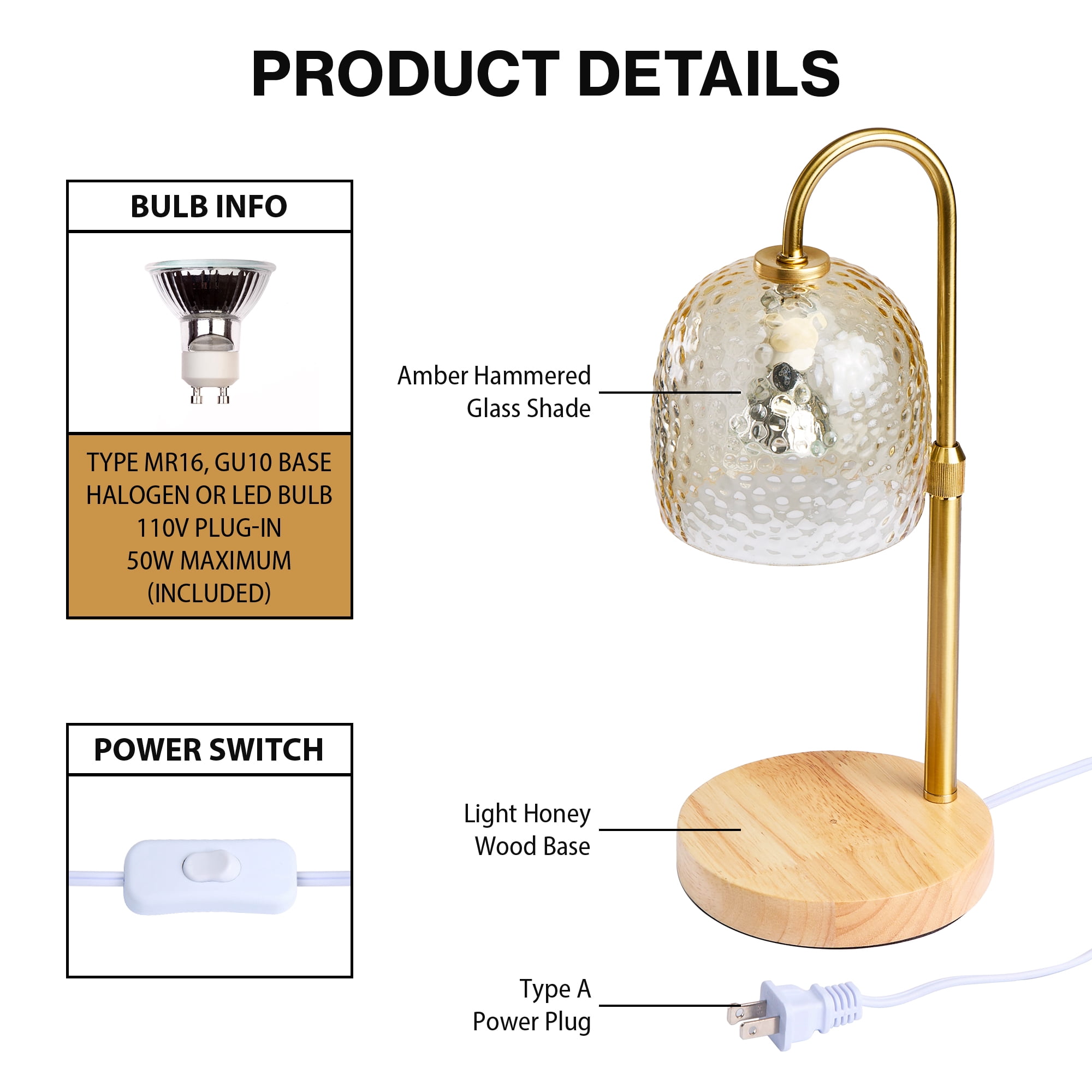 Better Homes & Gardens Amber Hammered Glass Candle Warmer Lamp with Adjustable Height & Light Wood Base