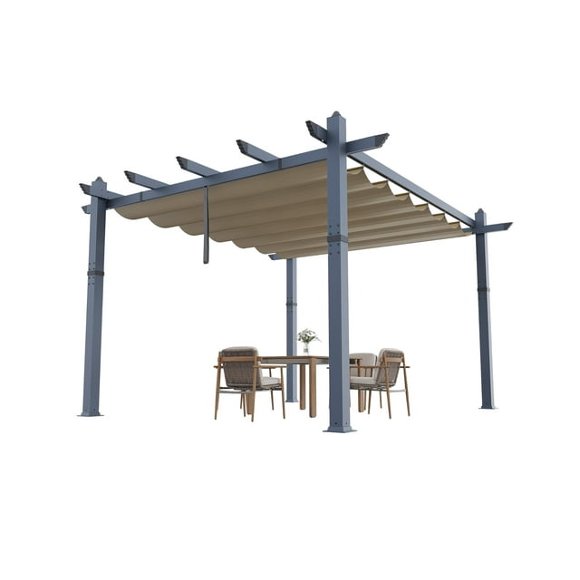 Pergola en Aluminium 10 X 10 Pi avec Auvent Rétractable, Structure d'Ombrage Extérieure à Grain de Bois Gris, Cadre Enduit de Poudre Résistant à la Rouille pour Patio, Terrasse et Jardin