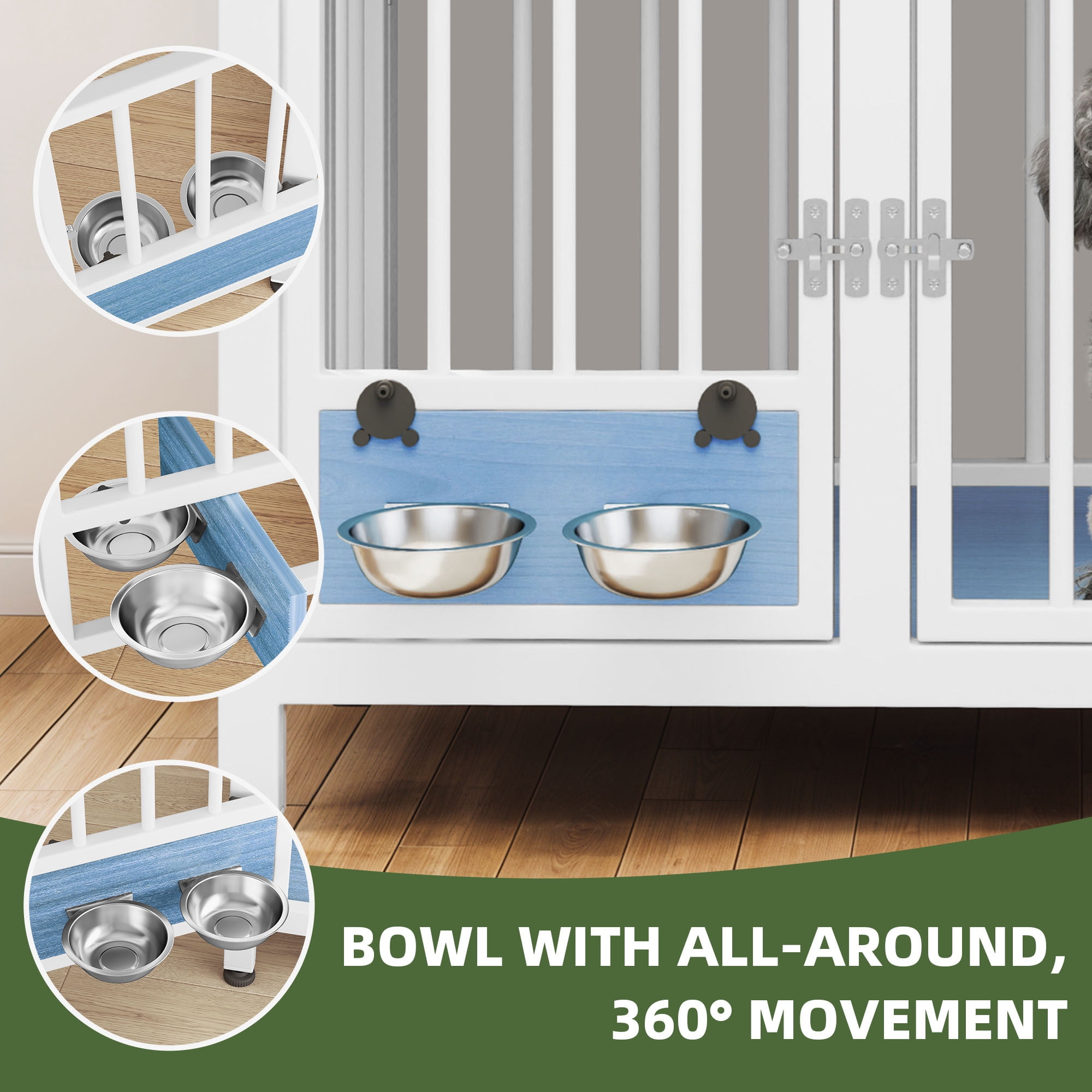 Uforic 39.3" Foldable Wooden Indoor Dog Cage Table with 360° Rotatable Bowls& Adjustable Feet, White&Blue