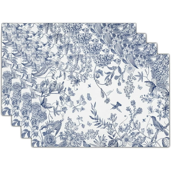 Blue White Hydrangea Floral Placemats for Dining Table Bird Flower Branches Decorative Heat-Resistant Washable Linen Vintage Farmhouse Table Mats 12x18 Inch for Home Kitchen Indoor Outdoor Set of 4