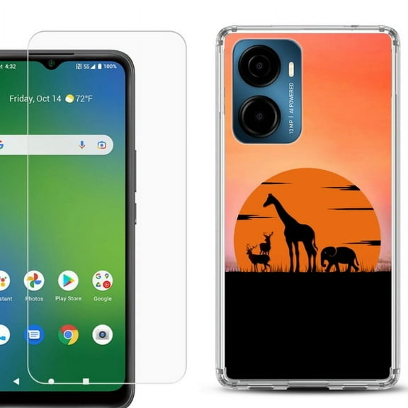 For Cricket Magic 2 5G Phone Case Cover, Shockproof Bumper Hybrid Case with Tempered Glass Screen Protector, by OneToughShield - Sunset Safari