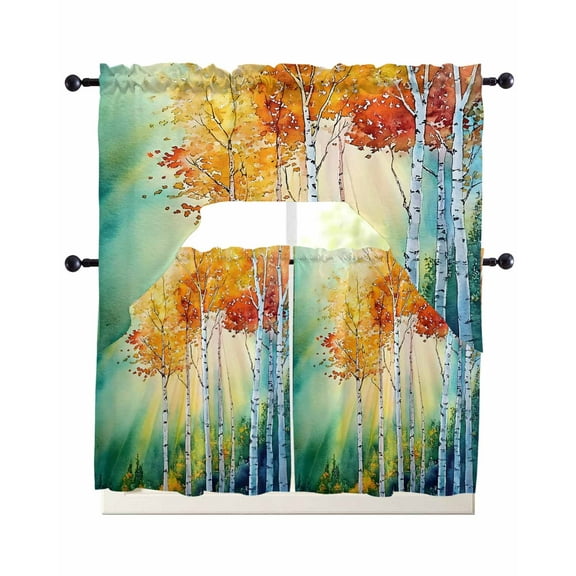 Orange Green Trees Kitchen Curtains Sets 24 Inch Length with Valance, Watercolor Chic Beanch Leaf Swag Valances and Tiers Curtain Set Drapes Swag Curtains for Living Room, Bathroom, Bedroom, Cafe