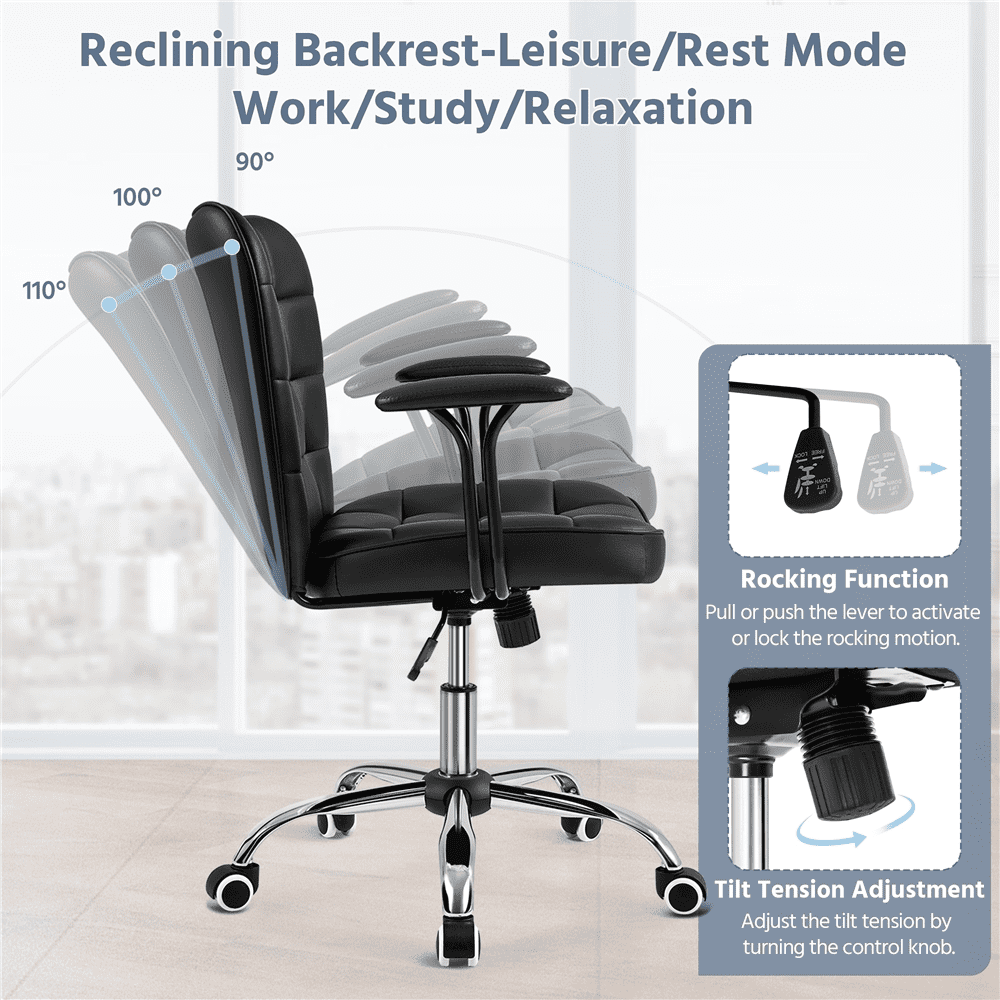 Alden Design Modern Mid-Back Faux Leather Office Chair Upholstered for Home Office, Black