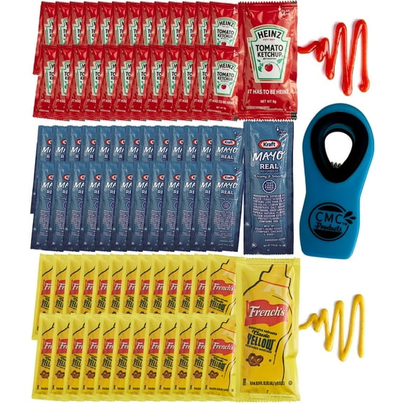 Condiment Packs - 75 Total Packets / 25 Count of each - Heinz Ketchup, French's Mustard, & Kraft Mayo - with CMC Products Bag Clip