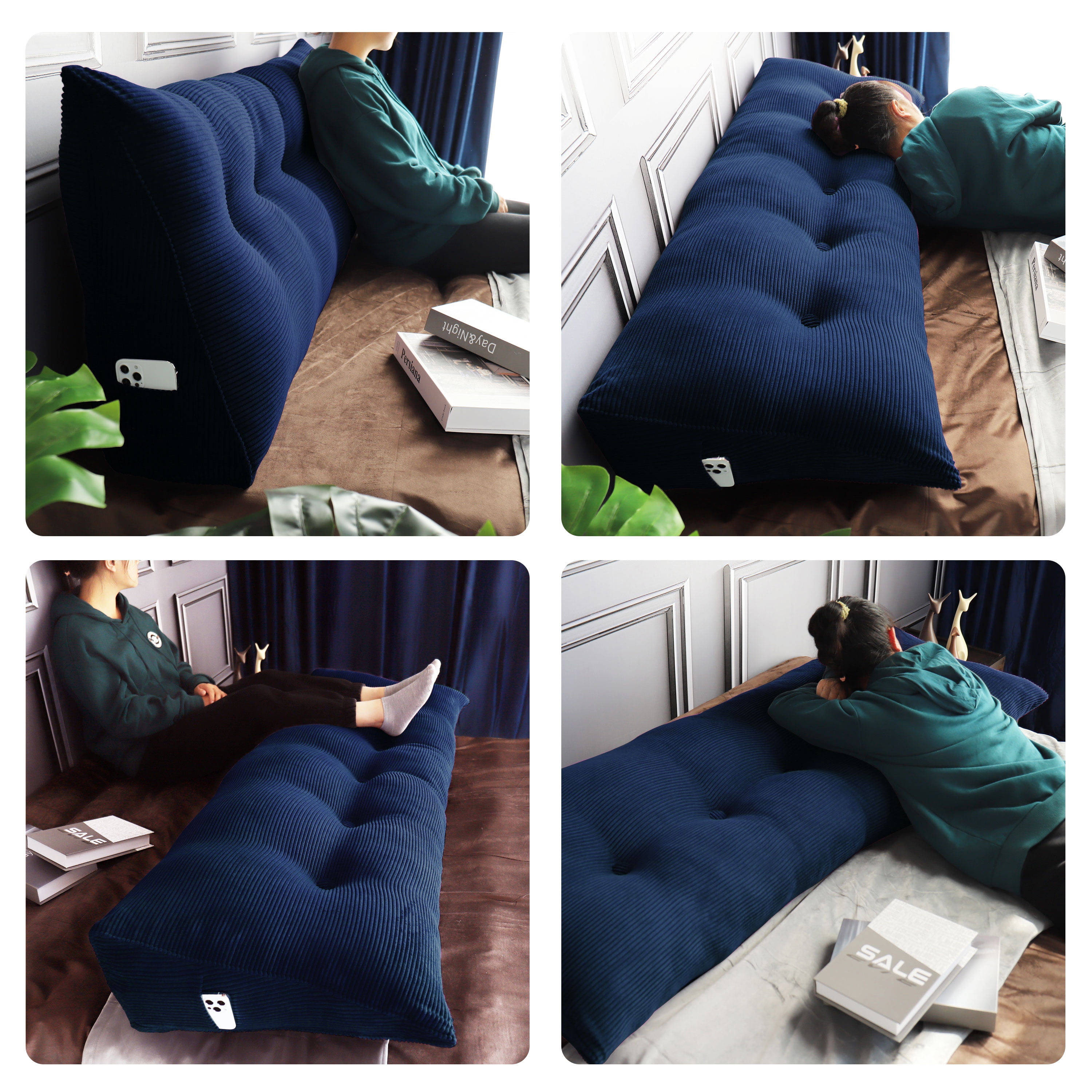 WOWMAX Wedge Reading Pillow Bedrest Throw Pillows Large Body Positioners Bolster Headboard Back Support Lumbar Cushion Pillow for Sofa Bed with Removable Cover Deep Blue 39x8x20inch