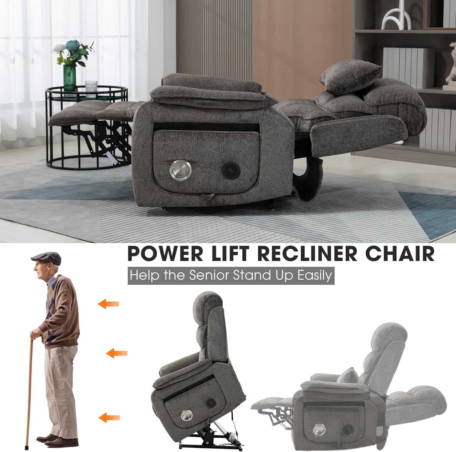 Adults Power Lift and Heat Recliners with Wireless Charging Device and USB Ports