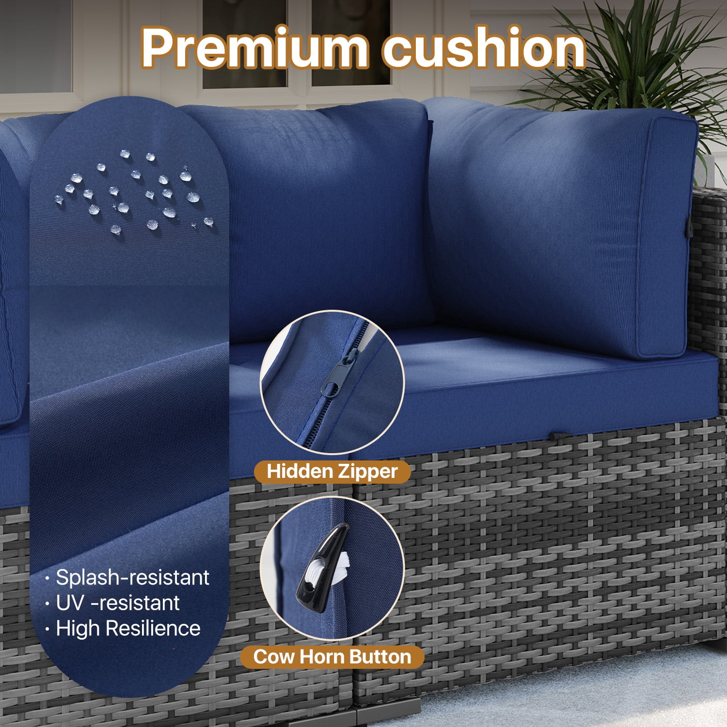 BaPiPro 7‑Piece Modular Outdoor Patio Furniture Set, Gray Wicker Sectional Sofa with Thickened Navy Blue Cushions & Coffee Table, All‑Weather for Backyard, Porch, Deck & Balcony