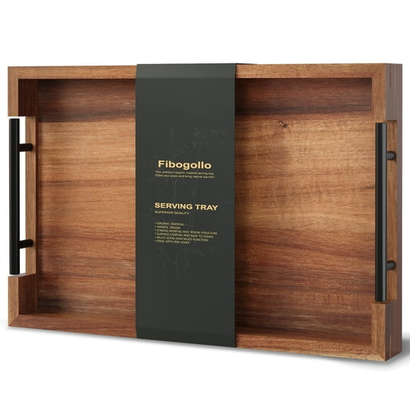 Fibogollo Acacia Wood Serving Tray with Metal Handles,15x10in Ottoman Decorative Trays Platter for Coffee Table,Living Room,Bar,Party(Small)