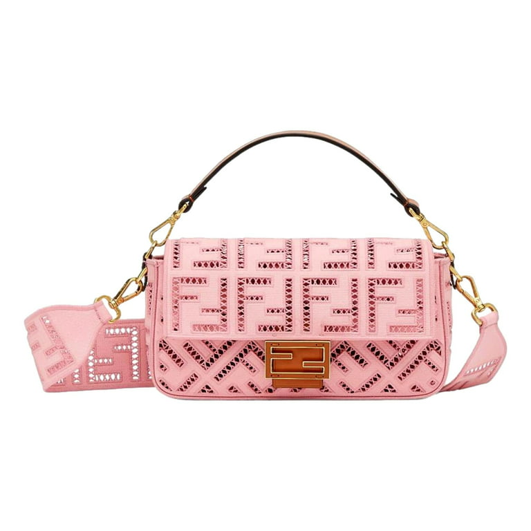 Fendi Baguette FF Motif Embroidered Pink Canvas Shoulder Bag