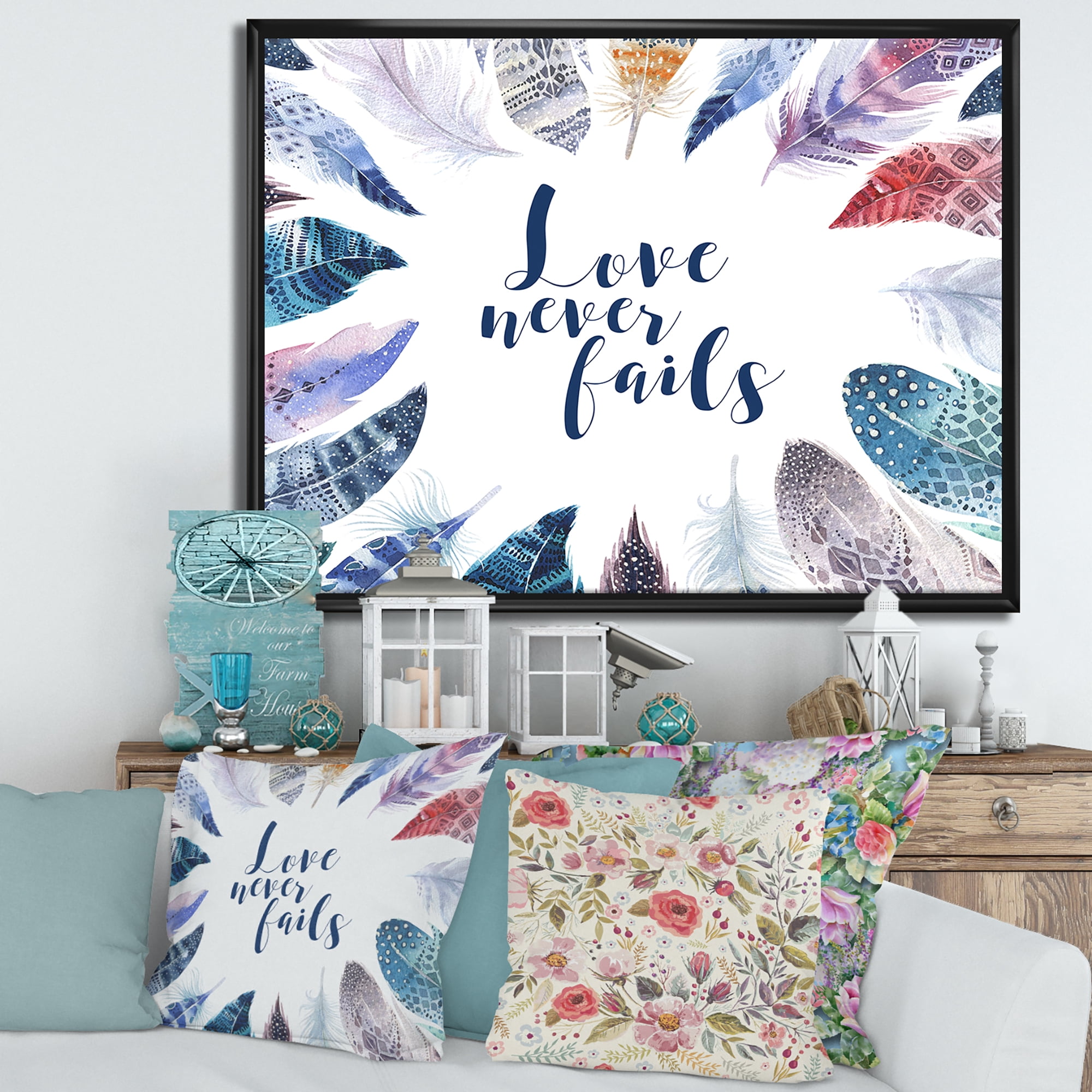 Inspiring Quote With Boho Feathers 32 in x 16 in Framed Painting Canvas Art Print, by Designart