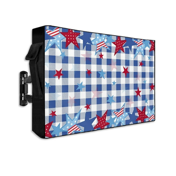 4th of July Outdoor TV Cover 40 to 43 Inch Weatherproof, Blue Red Star Independence Day Blue Checkered 600D Oxford TV Covers with Waterproof Zipper, Outside Flat TV Screen Protector 40"Wx25"Hx4.5"D