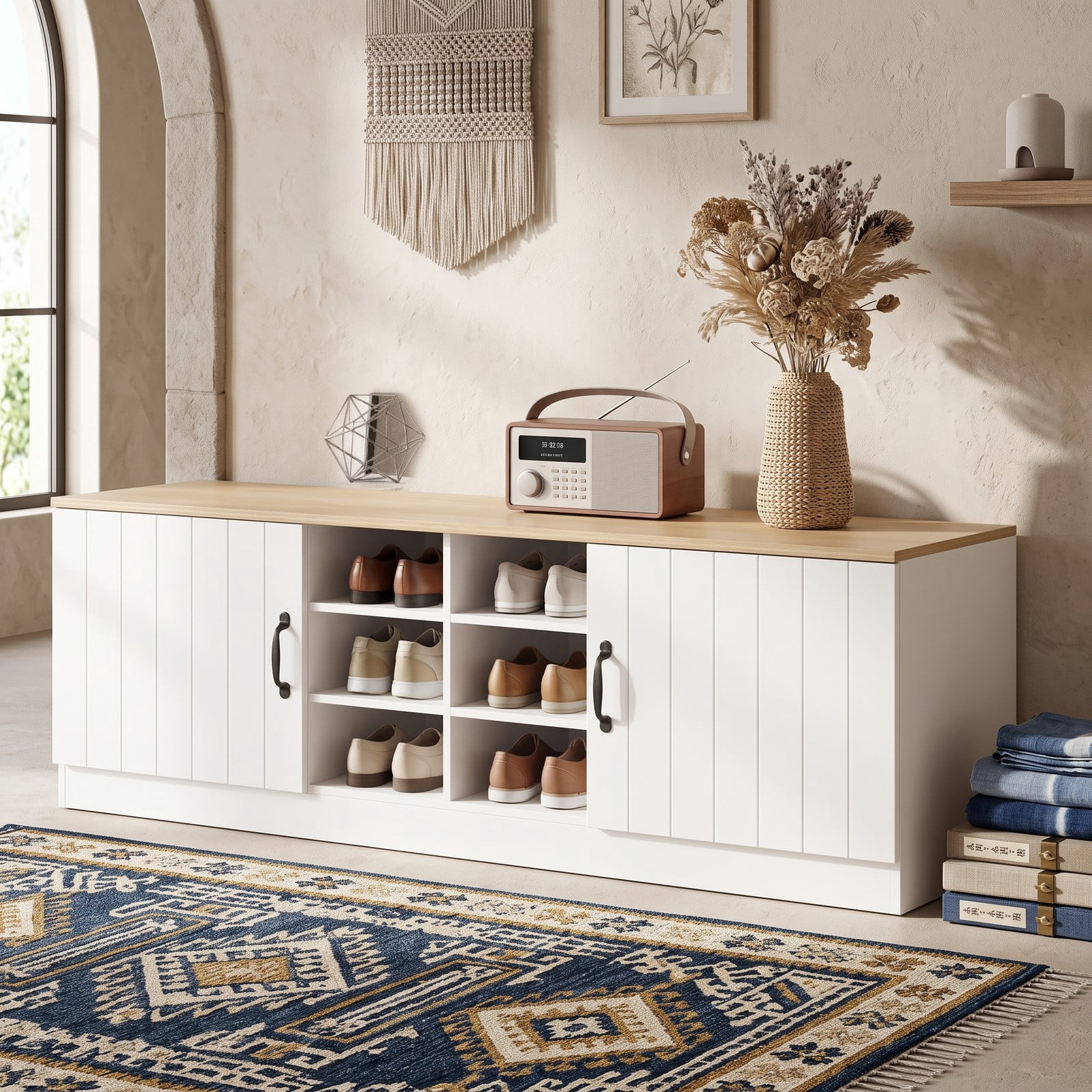 Furnibear 59 Inch 2-Door Shoe Bench Storage Cabinet with 6 Compartments and Adjustable Shelves for Entryway and Hallway, Natural
