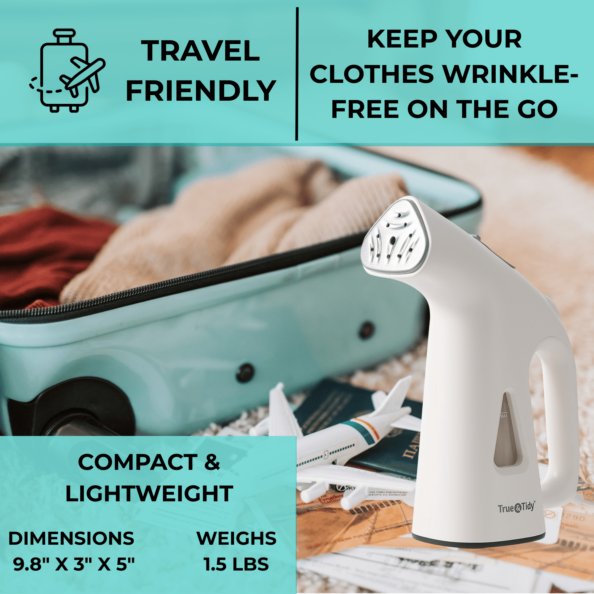 True & Tidy, Portable Fabric Steamer, 800 Watts, Travel-Ready