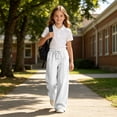 thumbnail image 4 of Girls Solid Wide Leg Sweatpants, Elastic Drawstring High Waist Loose Long Casual Trousers with Side Pockets, Soft Knit Pants for Big Kids School Daily Wear(White,5-6 Years), 4 of 7