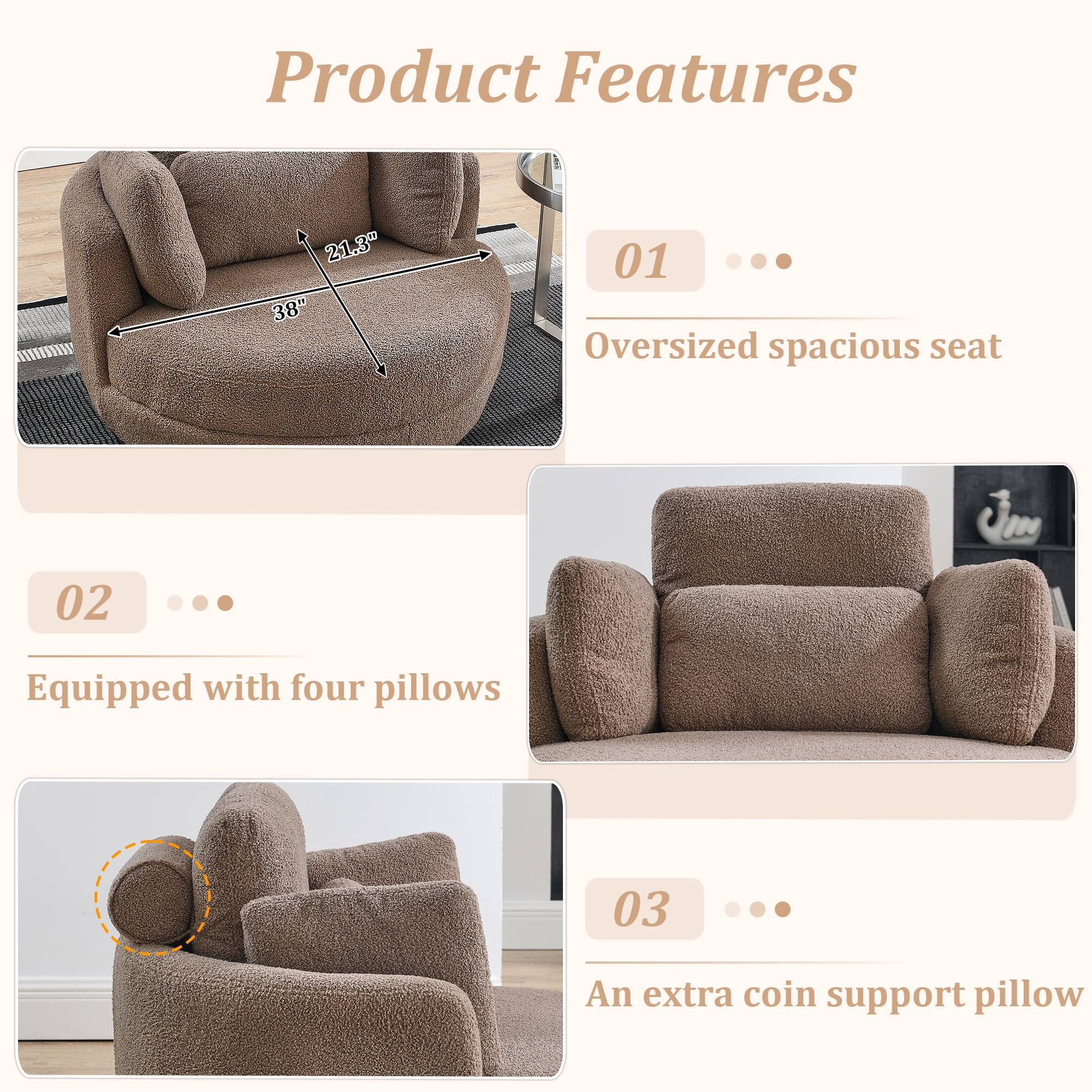 Dinosisco 39"W Oversized Swivel Accent Barrel Chair with Storage Ottoman, Brown Teddy