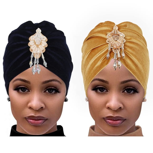 EcoNesxp 2 Pack Gold African Crystal Turban Red Velvet Turban Tassel Headband Headdress Women's Headdress Navy Blue