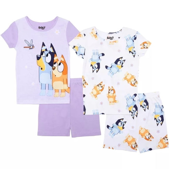 Bluey 4-Piece Girls Pajama Set with 2 Short Sleeve Tops & 2 Shorts Featuring Bluey & Bingo Toddler Sizes 2T4T