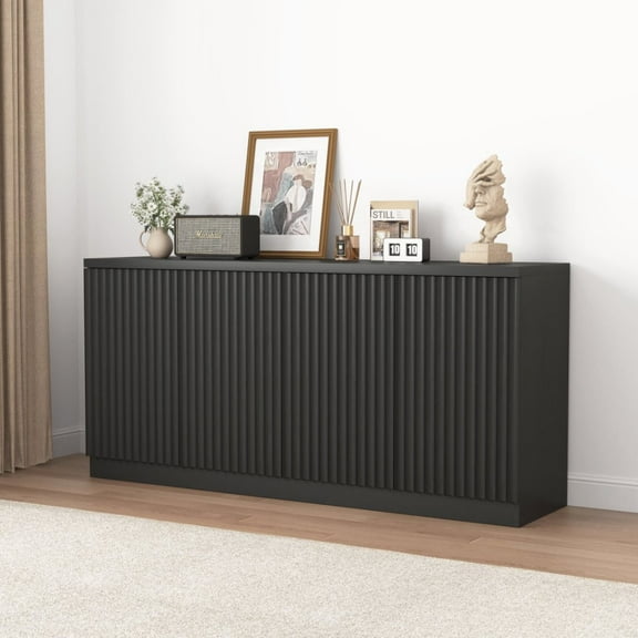 Fluted Sideboard with Storage 4 Doors & Adjustable Shelves Buffet Cabinet Large Modern Credenza Accent Console Cabinets with Rebound Device Door for Living Room Kitchen Hallway
