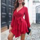 thumbnail image 3 of Vestido corto con cuello en V para mujer, manga larga, cintura con lazo, informal, con volantes, dobladillo cansado, minivestido fluido con vuelo, rojo vino XL, 3 of 8