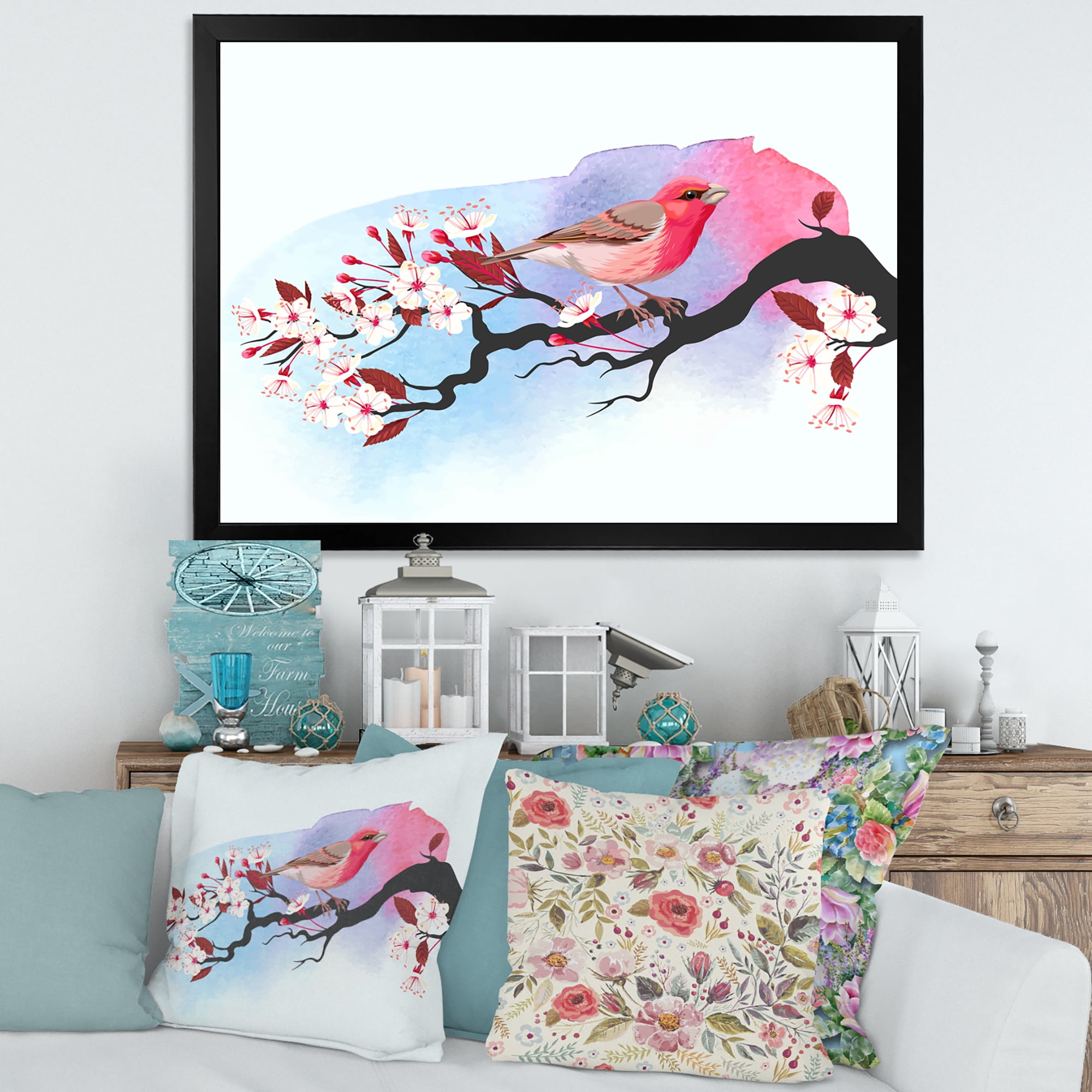 Designart 'Pink Bird Sitting On Cherry Branch' Traditional Framed Art Print