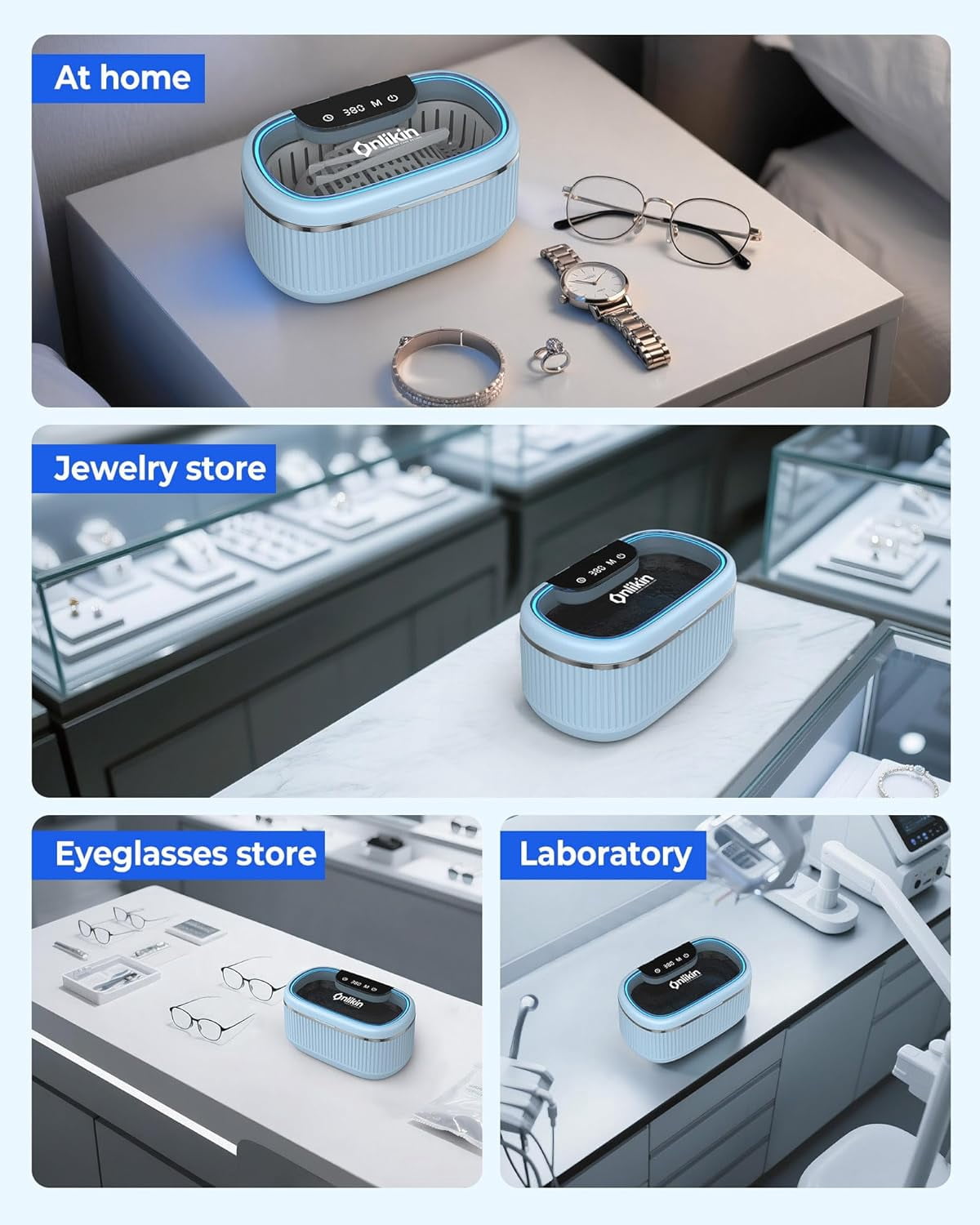 Ultrasonic Jewelry Cleaner 35W 45KHz – for Retainers, Eyeglasses & Dentures, 20oz 304SS Tank, 5 Timer Modes (Blue)