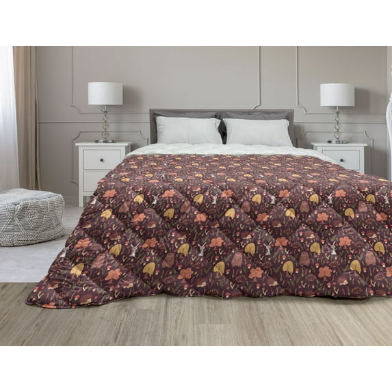 Autumn Down Alternative Comforter, Funny Forest Animals Fall Buddies Bear Rabbit Hedgehog Woodland Friends, Microfiber Quilt for All Season, 5 Sizes, Maroon and Multicolor, by Ambesonne