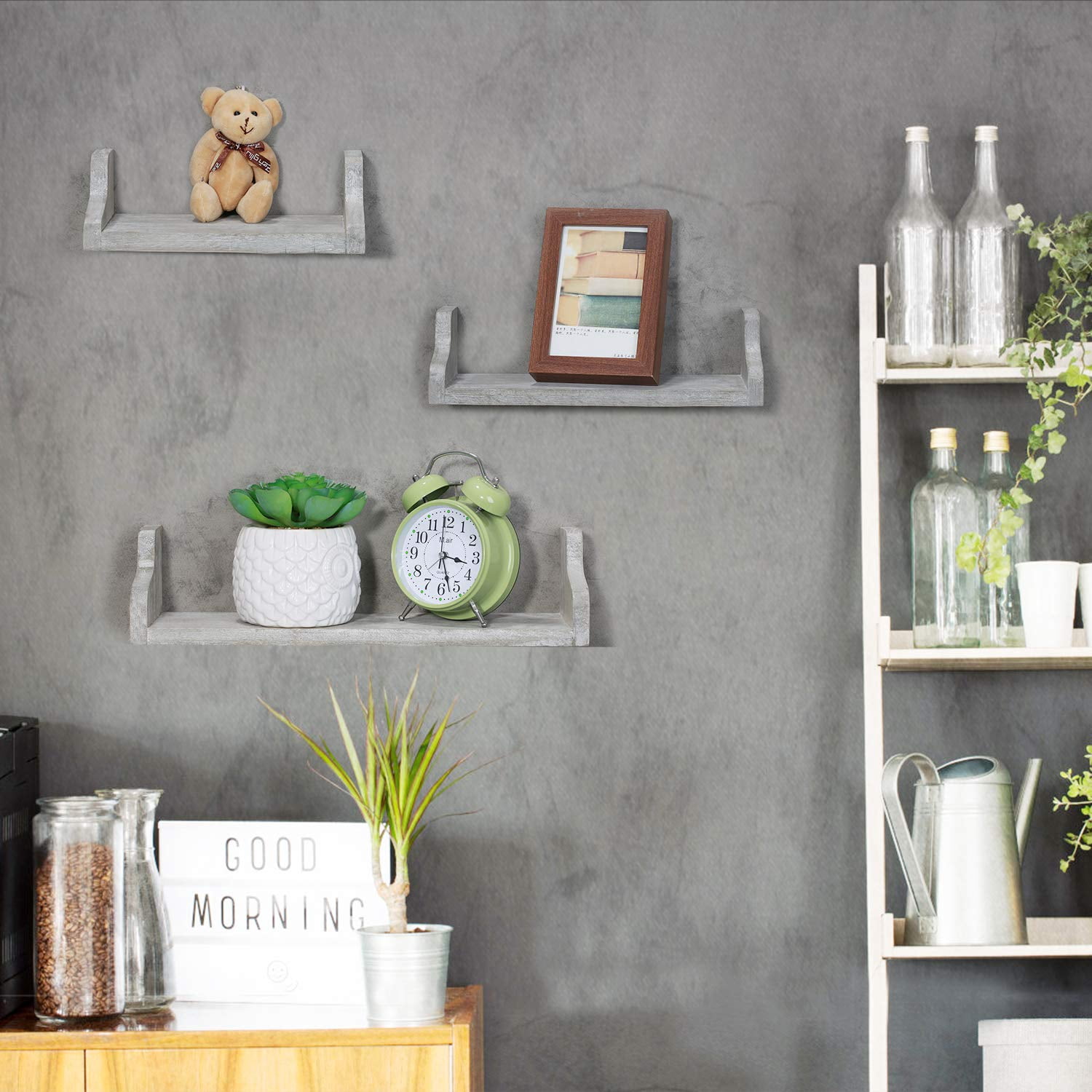 Wall-Mounted Floating Wall Shelves with Metal Brackets, Set of 3 - Rustic Gray