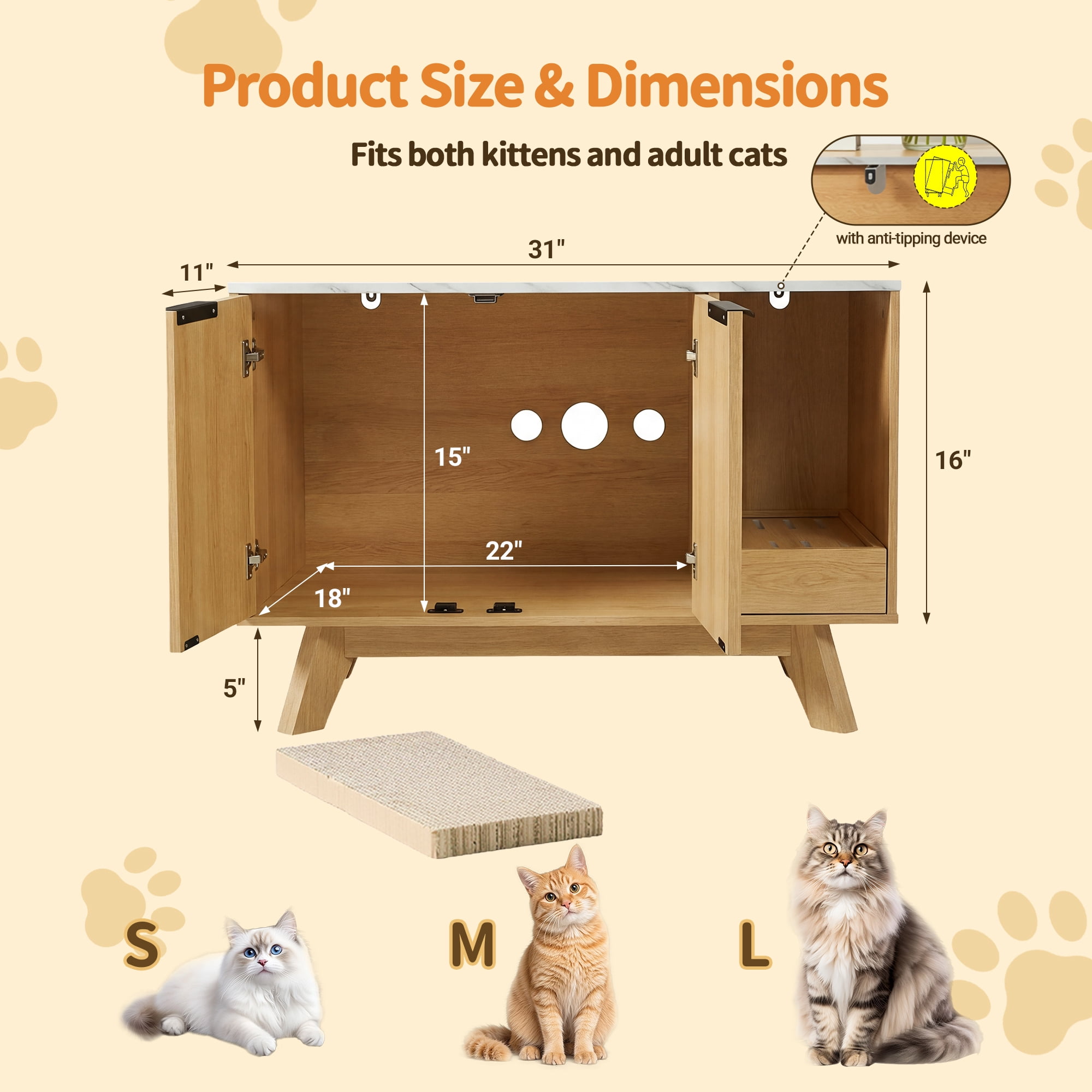 YDN Modern Litter Box Enclosure for Cats- 31.5" Indoors Hidden Cat Litter Box Furniture for 2 Cats, Wooden Cats Washroom Side Cabinet with Scratching Pad for Most Cat Litter Box,Nature