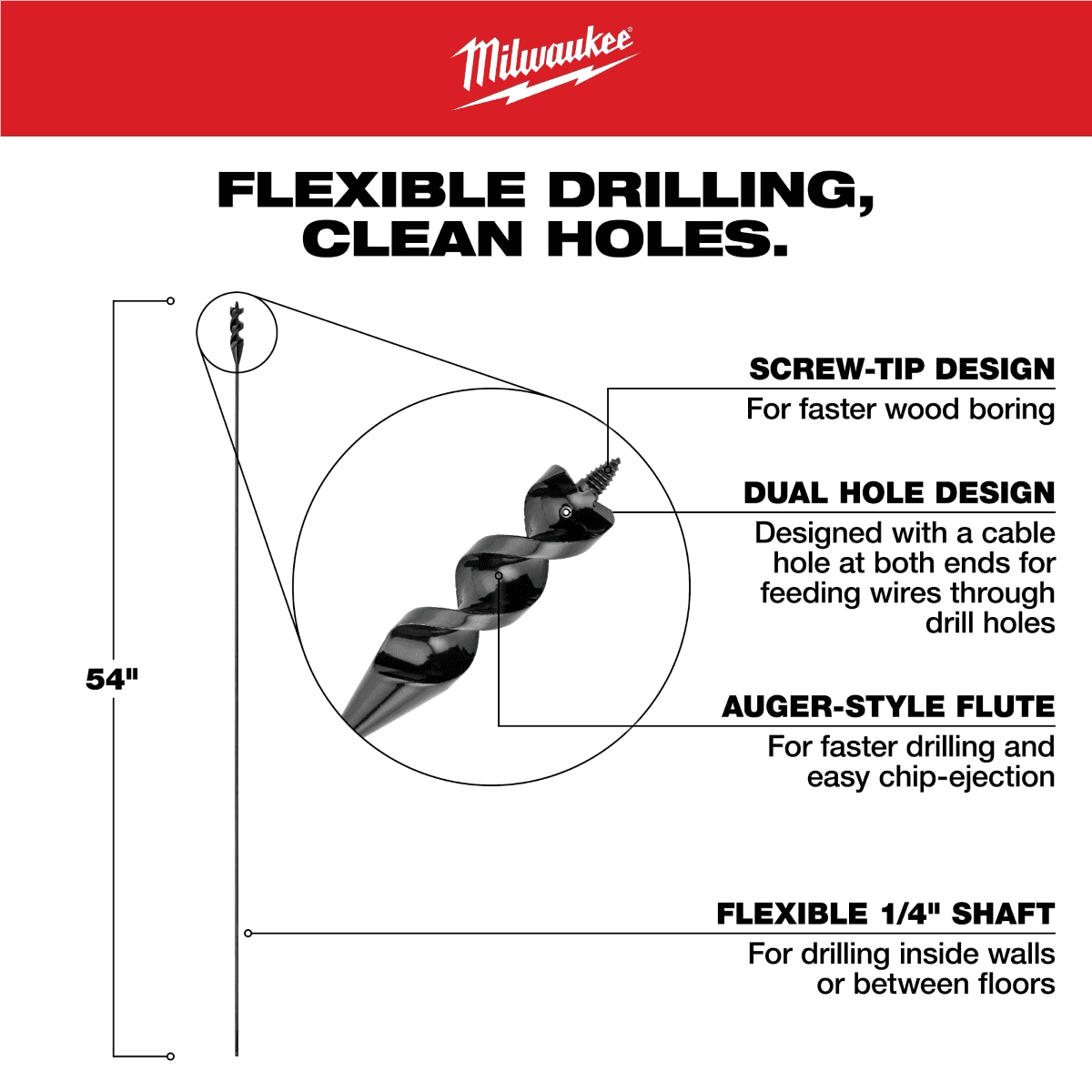 Milwaukee Tool 1 Inch x 54 Inch Flexible Cable Auger Bit