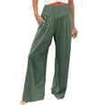 thumbnail image 2 of Womens Linen Pants Wide Leg Palazzo Pant Elastic High Waisted Casual Loose Boho Beach Flowy Trousers with Pockets Army Green S, 2 of 6