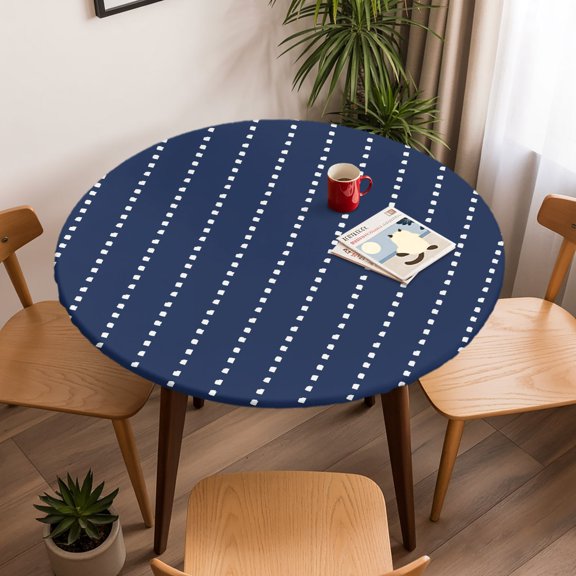 Round Fitted Tablecloth with Elastic Edge, Navy Blue White Stripe Polka Dots Fitted Table Cloth for Round Tables 45-54in, Minimalist Style Waterproof Tablecloth for Outdoor Picnic Party