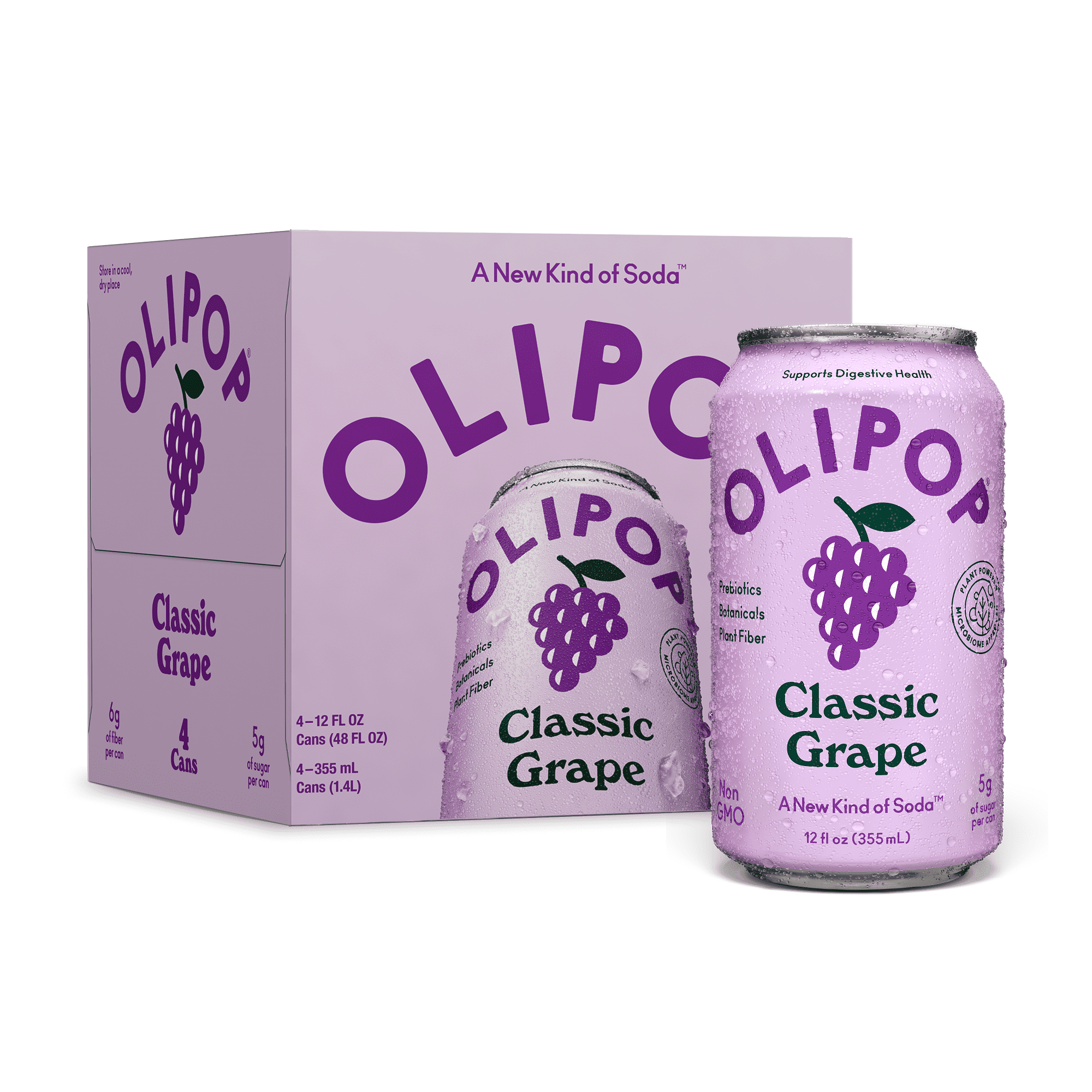 (6 pack) OLIPOP Prebiotic Soda, Classic Grape, 12 fl oz, 4 Pack, Pantry Packs (24 Total Cans)