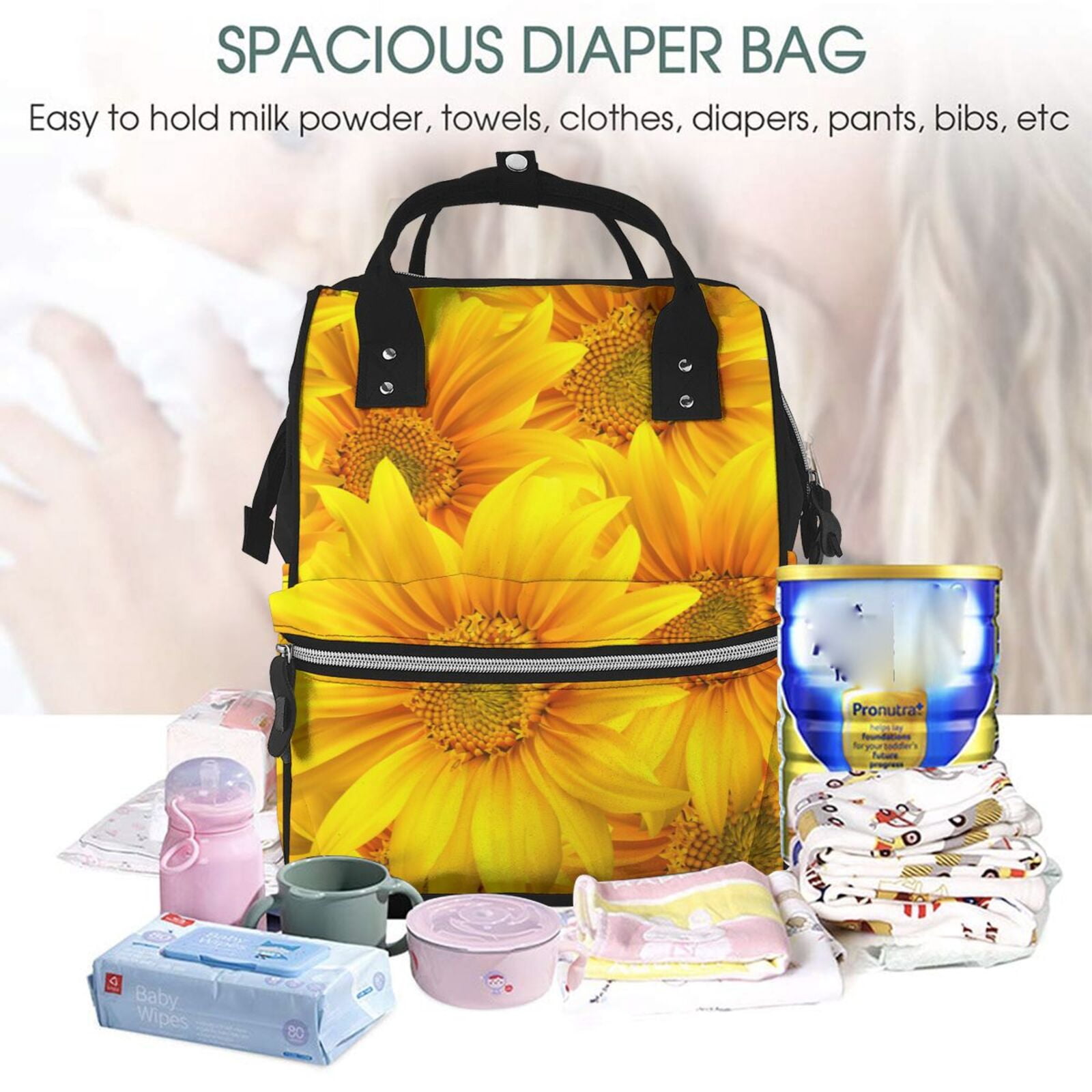 Ratiio 3D Sunflowers Mummy Backpack - Waterproof Twill Canvas, Large Capacity Diaper Bag with Multiple Pockets and Adjustable Straps