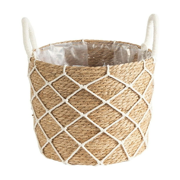 Soporte para macetas de suelo, soporte para flores, cesta tejida redonda decorativa, soporte para macetas L