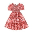 thumbnail image 2 of hengsof Robe à Motif Cœur à Carreaux pour Filles Manches Courtes à Bulles Col Rond Robe Ligne A Mode Ceinture Printemps Été 3-8 Ans, 2 of 8