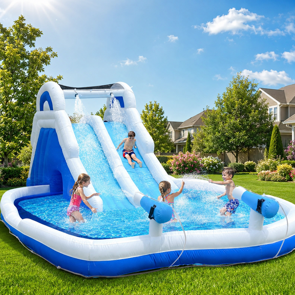 Inflatable Dual-Lane Water Slide with Climbing Wall & Splash Pool - Summer Backyard Fun for Kids (Blue & White, 212.6 x 145.7 x 82.7 in)