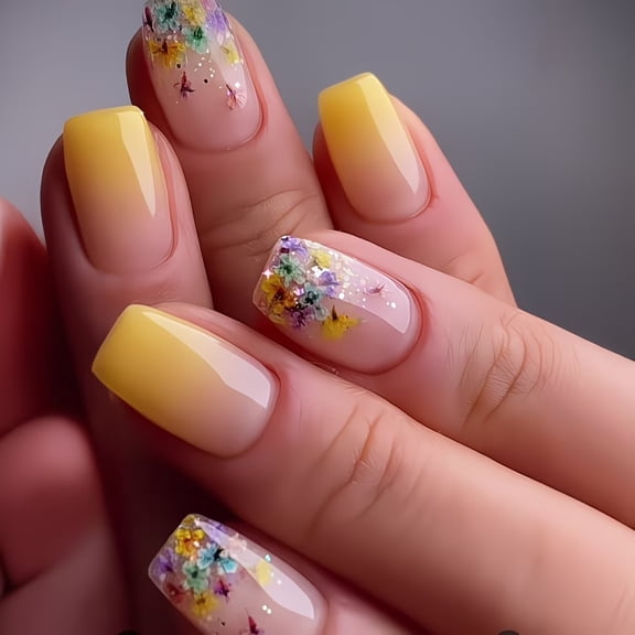 24 Pieces Yellow Dried Flower Glitter Gradient Short Square Press on Nails - Easy DIY Nail Art Set