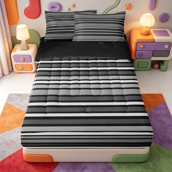 Erosebridal Minimalist Striped Zipper Twin Comforter Sets with Fitted Sheet and 2 Pillowcases,Stripes Art Zipper Bedding Set,Black Reversible,4-Piece